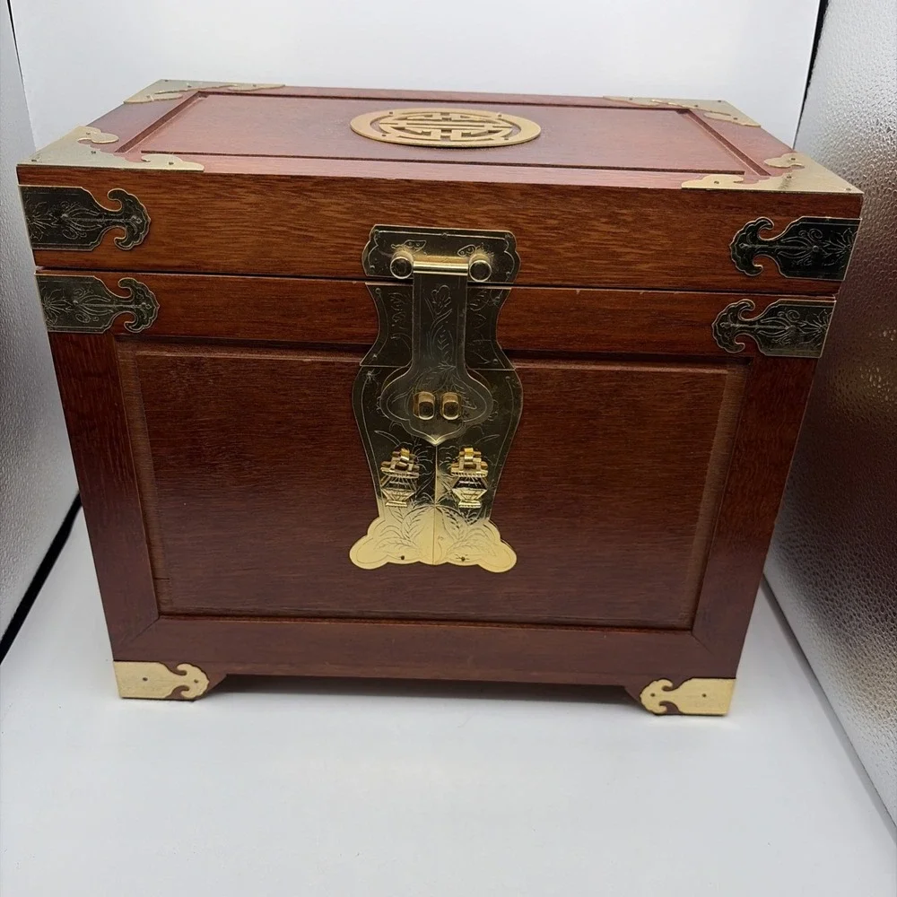 Asian Style Wooden Jewelry Chest Brass Hardware Storage Box